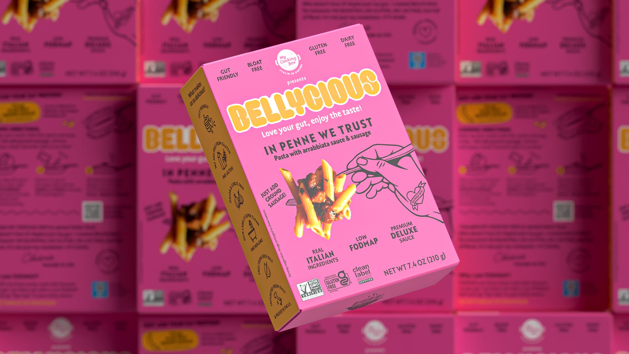 Pink Bellycious packaging with a yellow border on a pink background