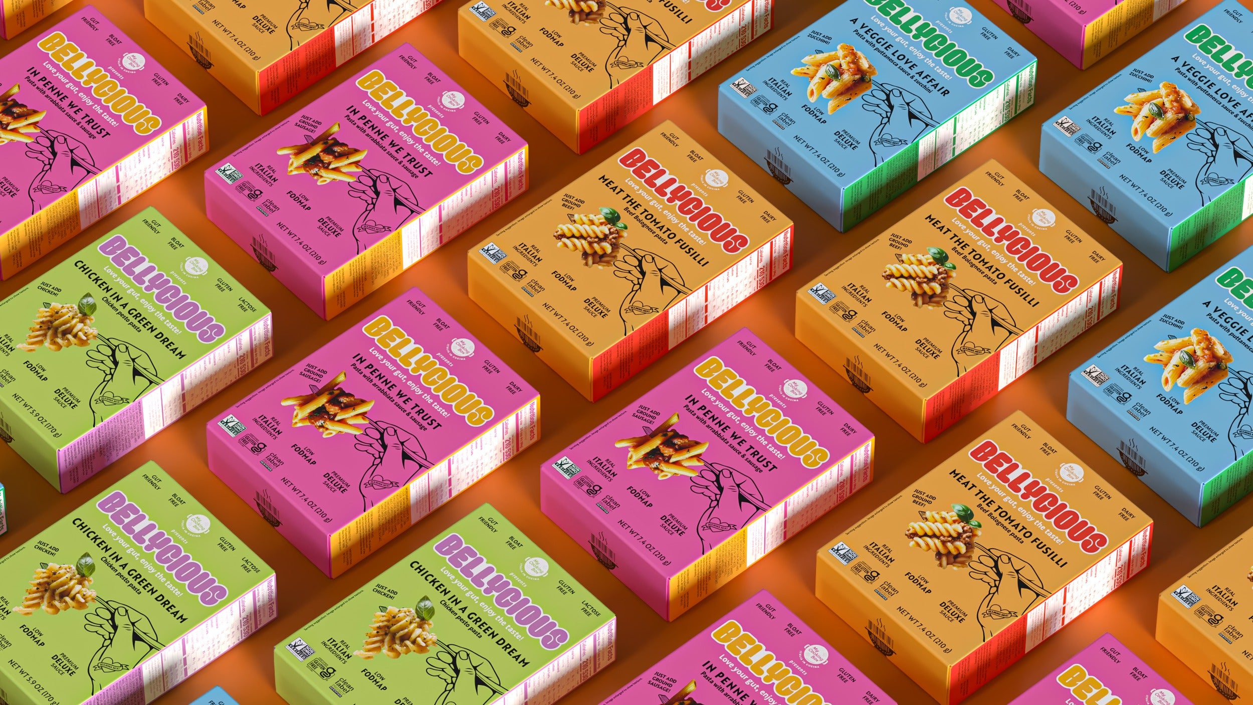 Pattern of colorful Bellycious Kits on a multicolored background