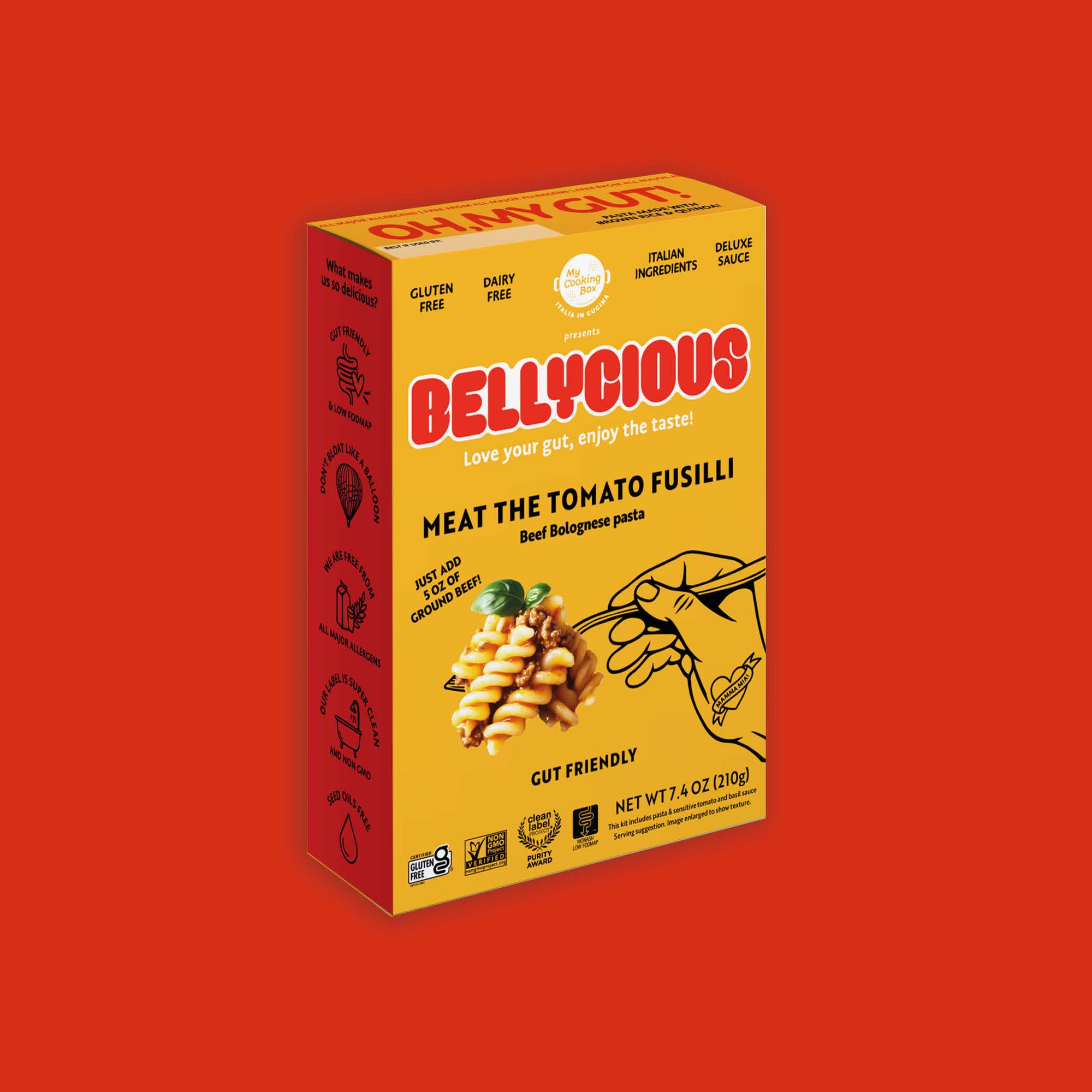 Bellyicious Beef Bolognese Pasta Kit on a red background