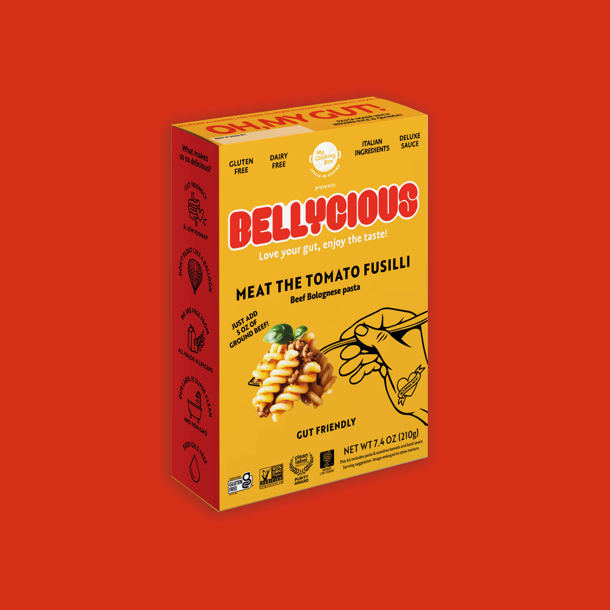 Bellyicious Beef Bolognese Pasta Kit on a red background