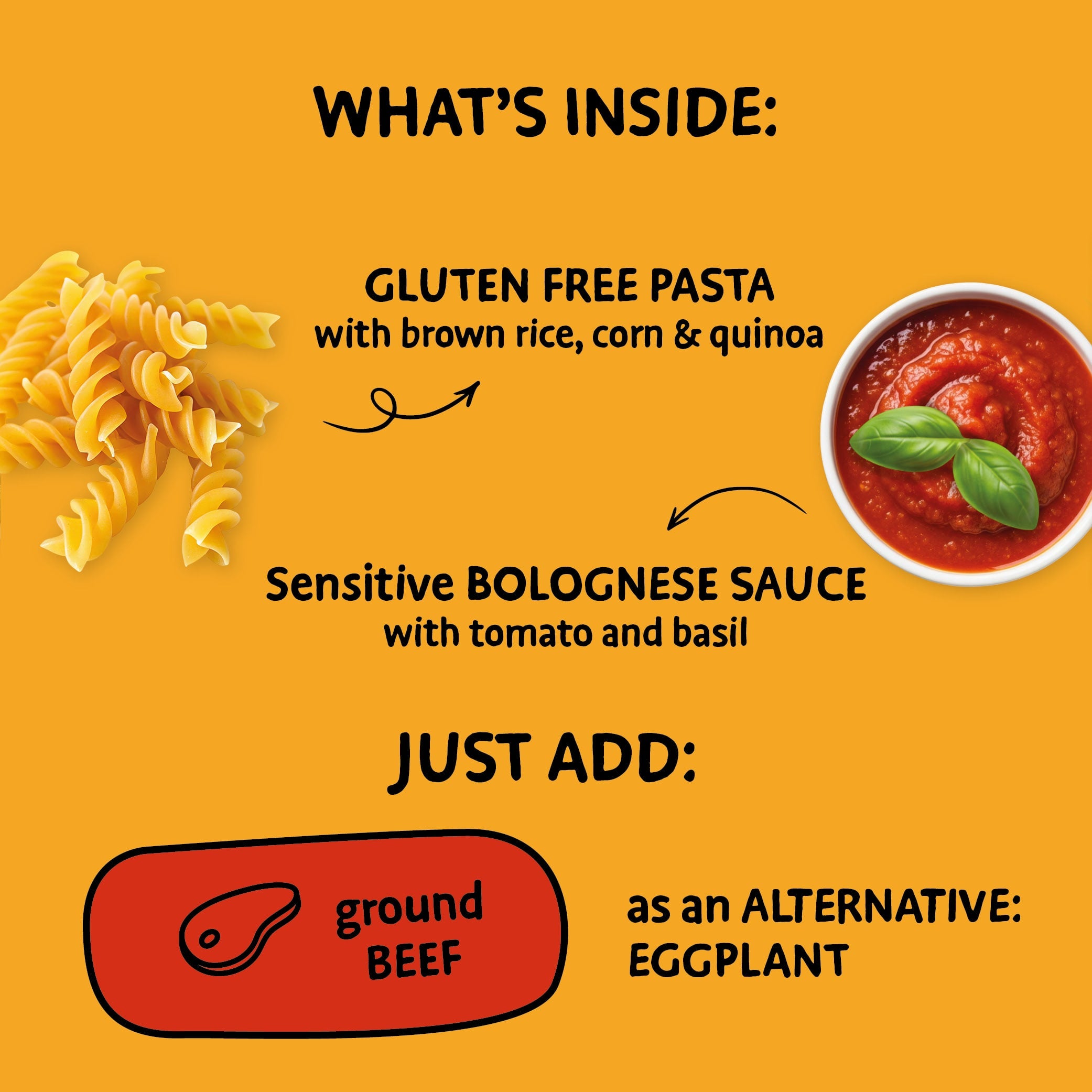 Product description card with gluten-free pasta, Bolognese sauce, ground beef, and eggplant on a yellow background.
