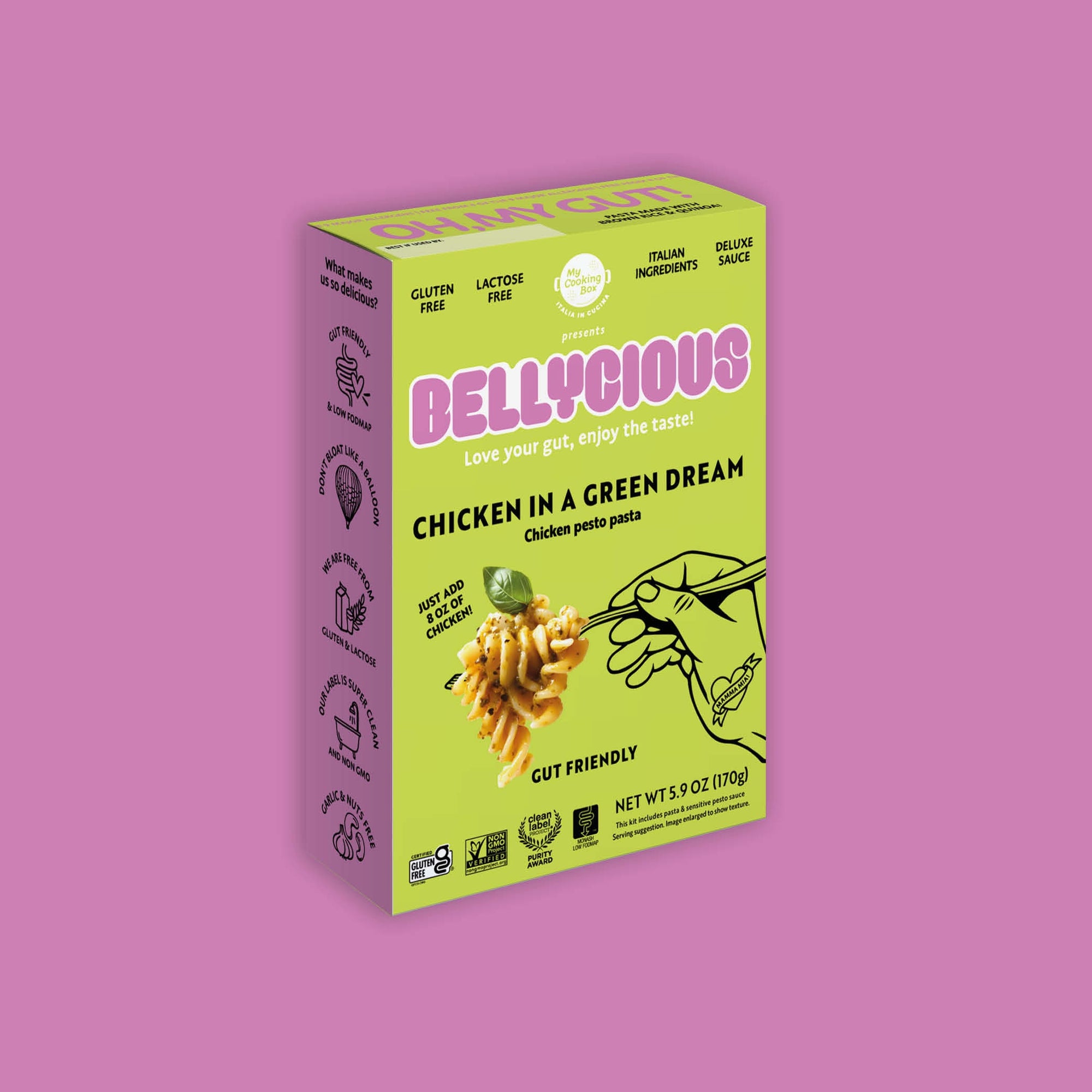 Bellycious Chicken in a Green Dream gluten-free pasta kit on a purple background