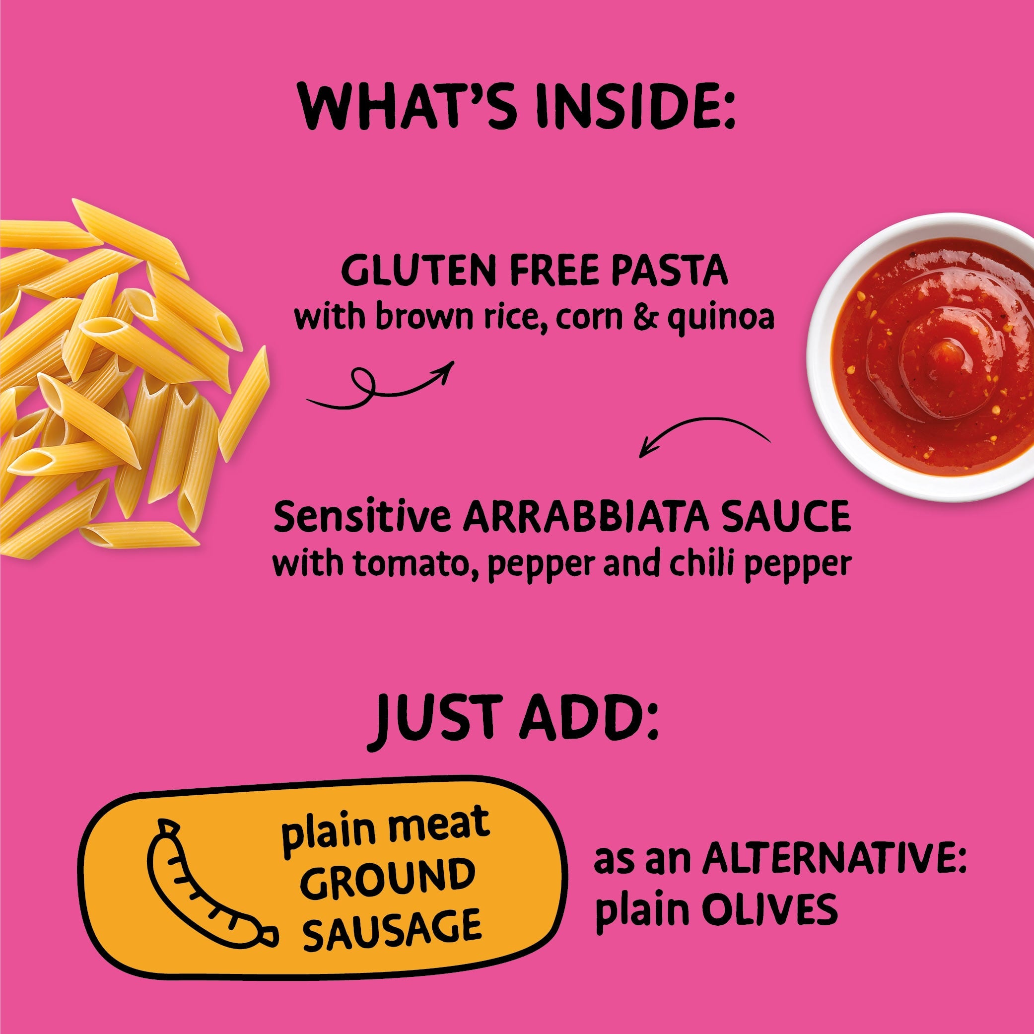 Product information card with gluten-free pasta, arrabbiata sauce, and ground sausage on a pink background.