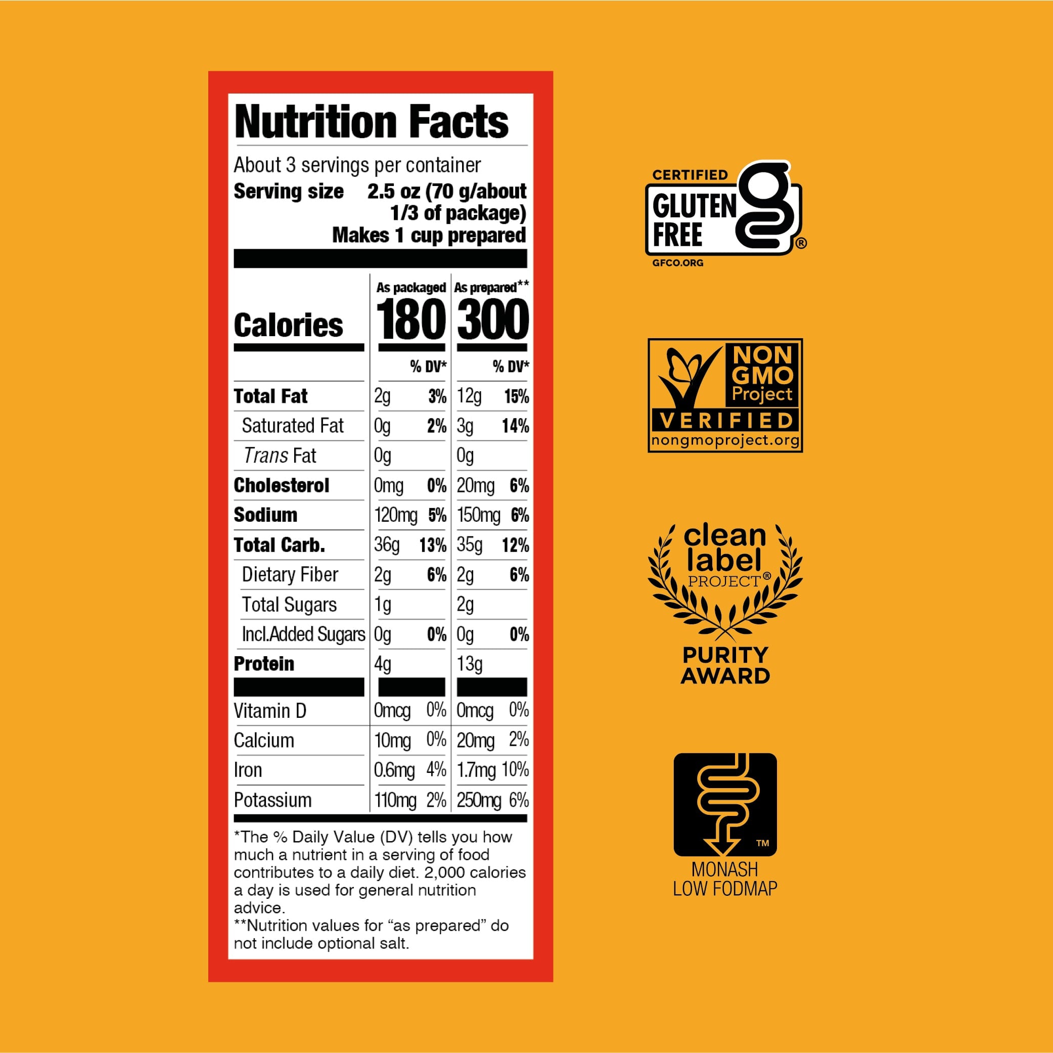Nutrition facts label and certification logos on a orange background
