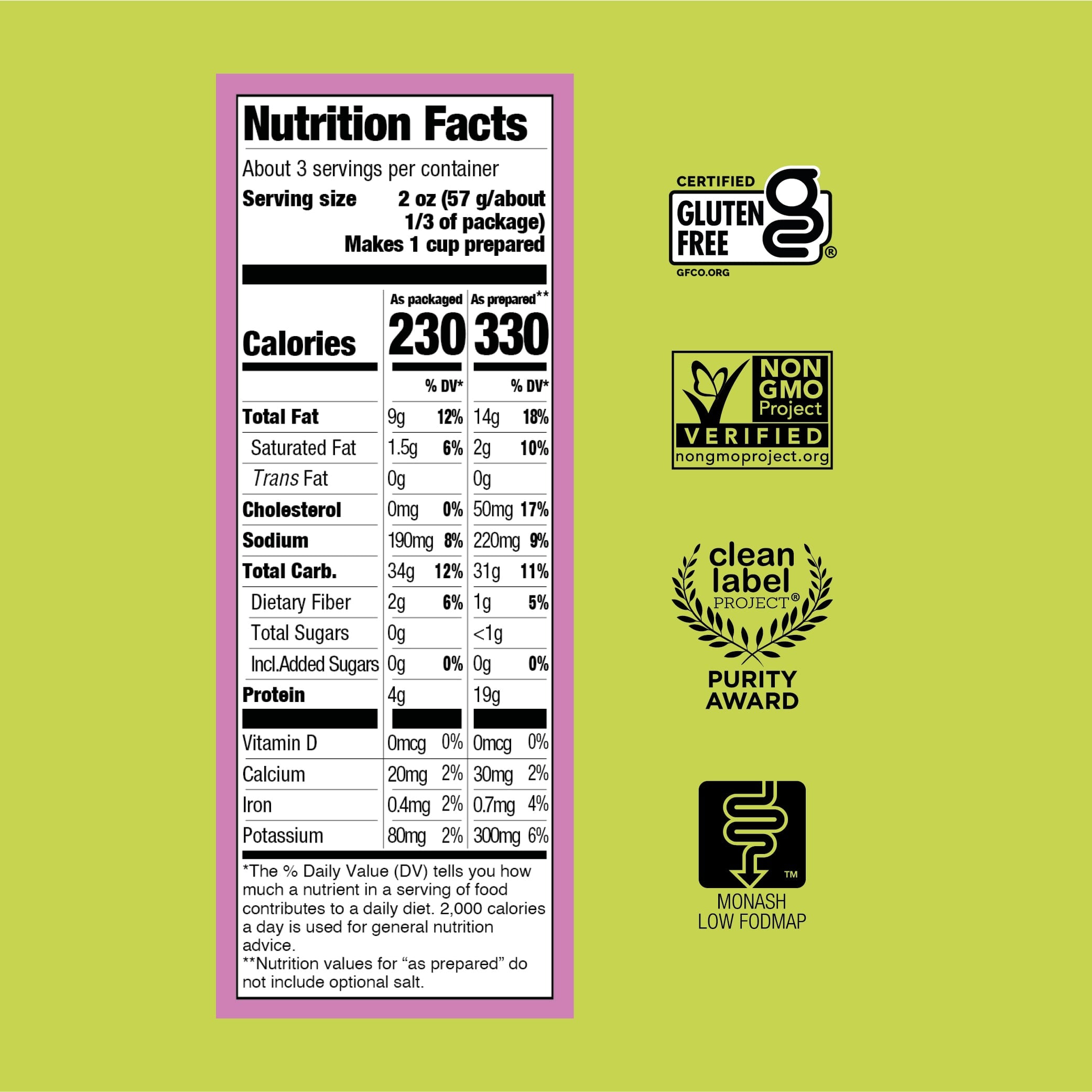 Nutrition facts label and certification logos on a green background