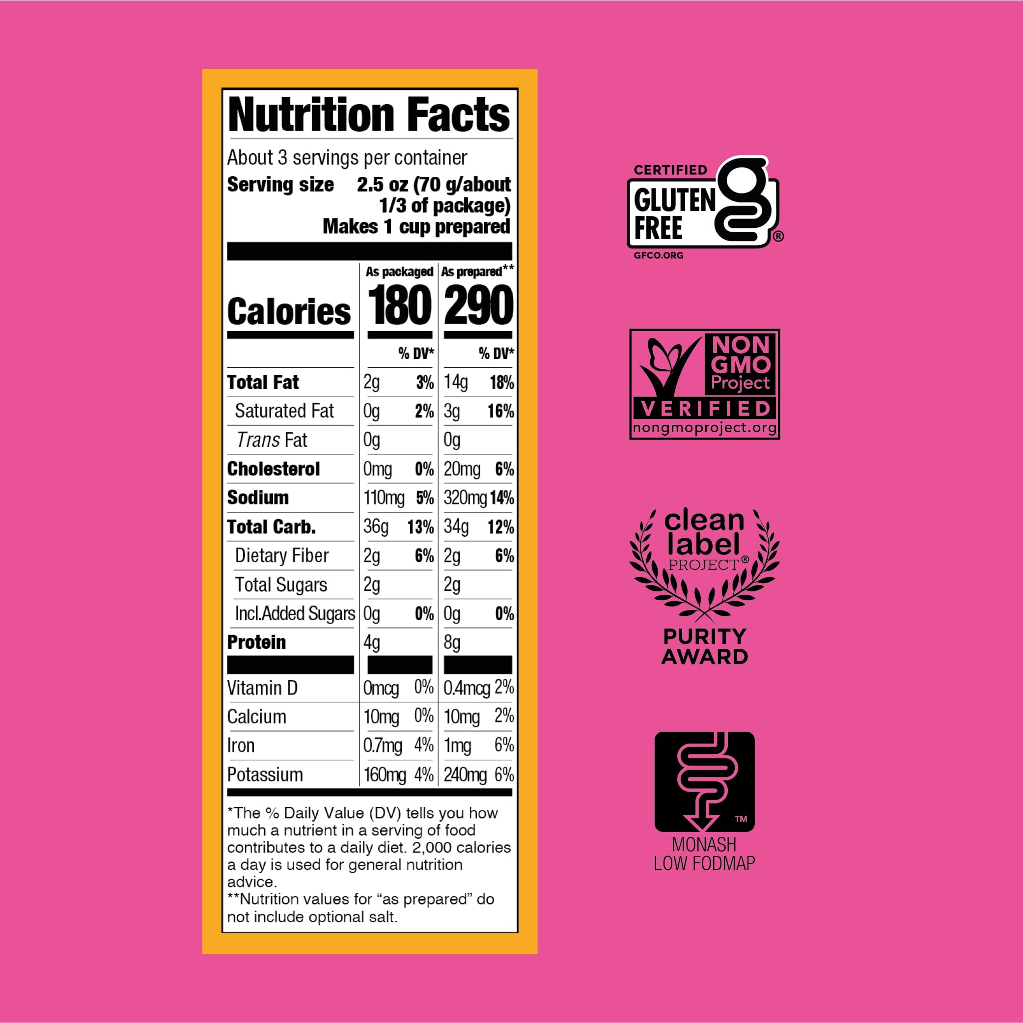 Nutrition fact and certifications on pink background