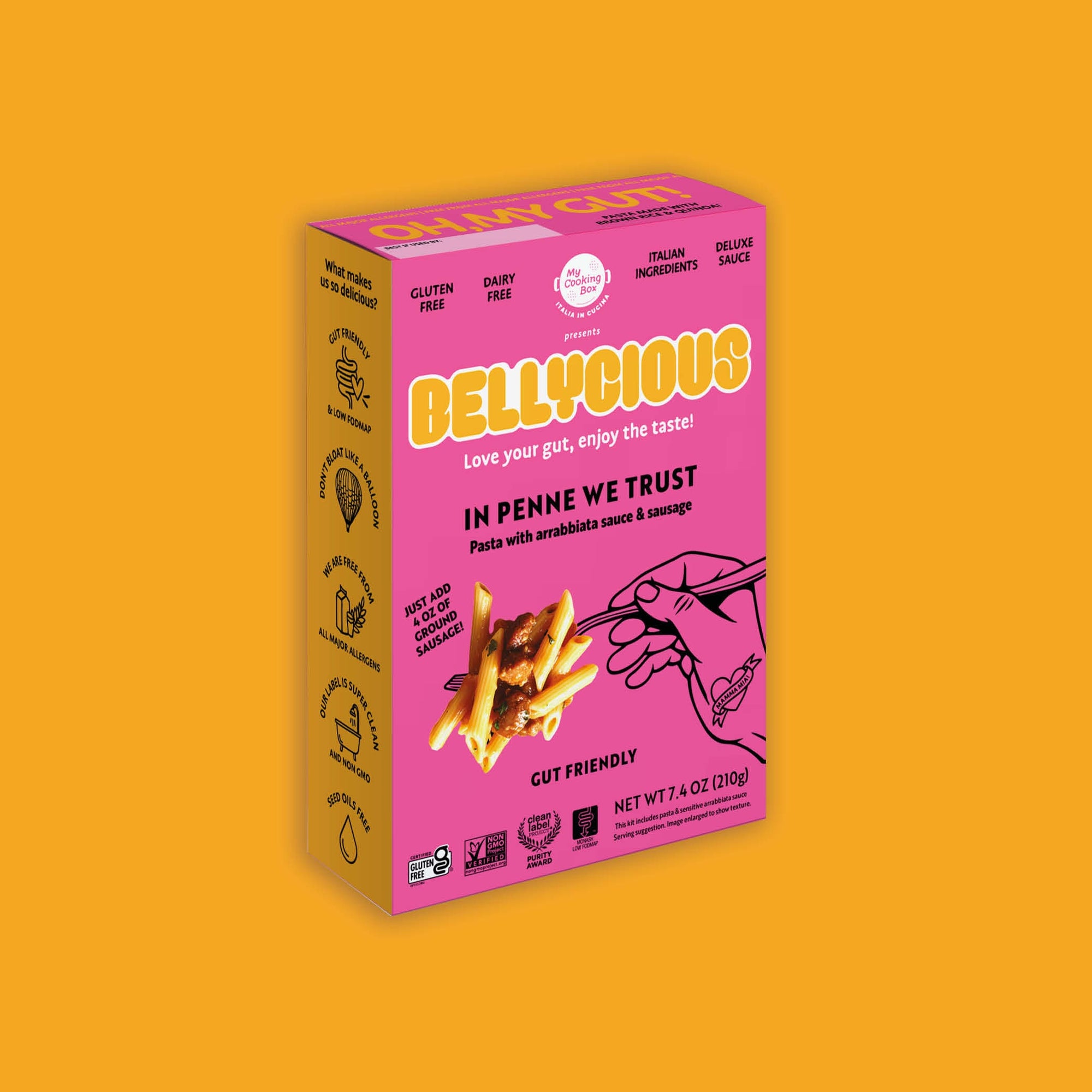 Bellyicious Pasta with Arrabbiata Sauce packaging on a yellow background