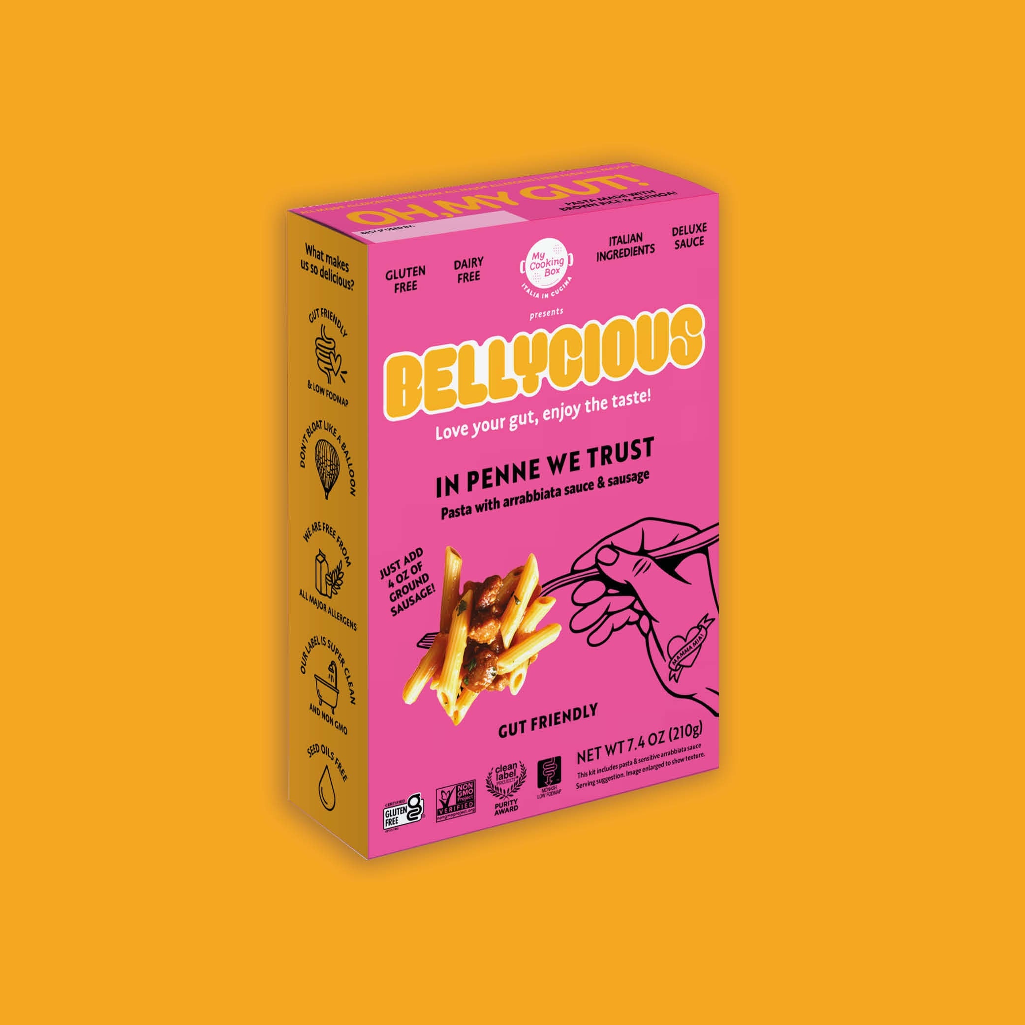 Bellyicious Pasta with Arrabbiata Sauce packaging on a yellow background