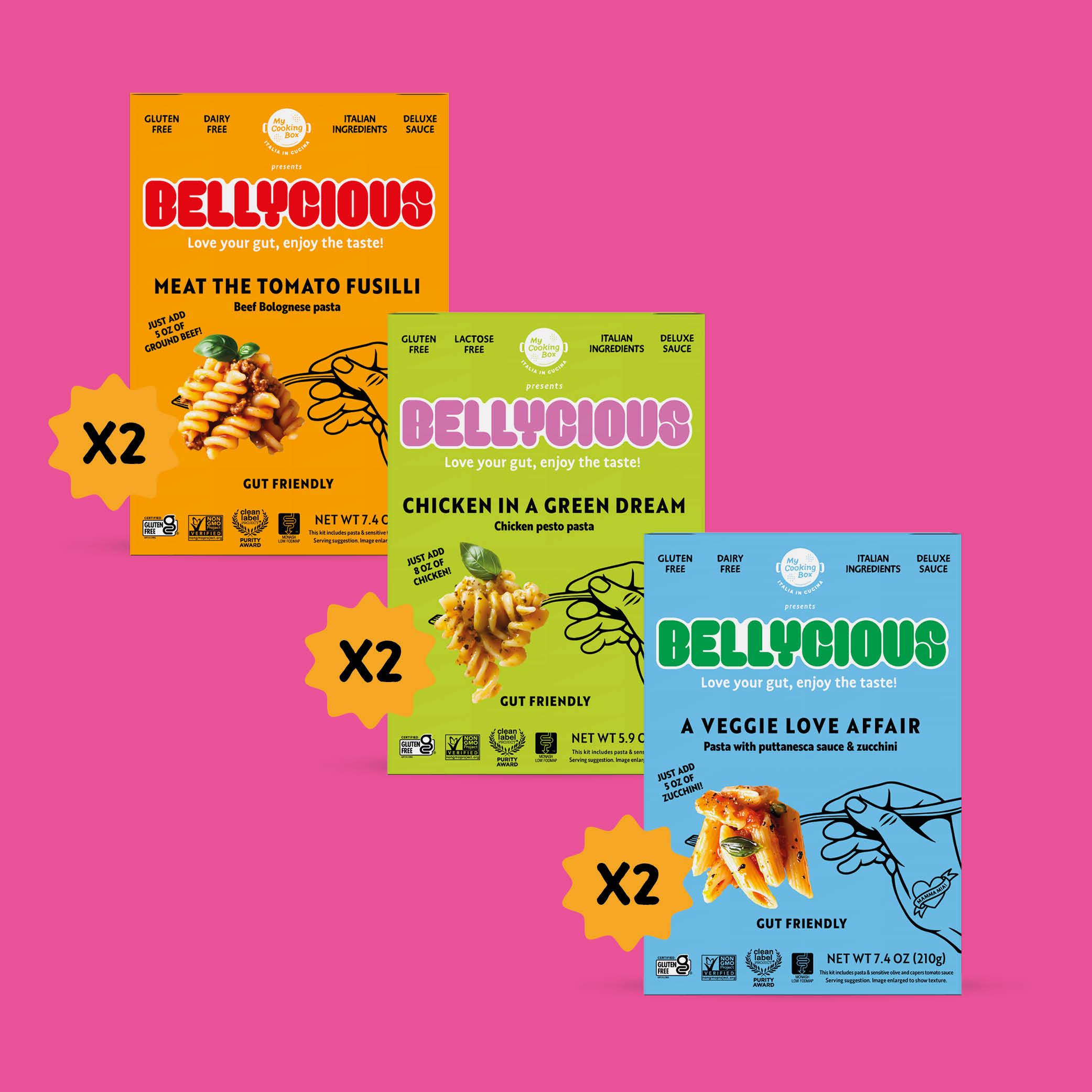 Italian Classic Variety pack: Three packages of Bellycious pasta on a pink background