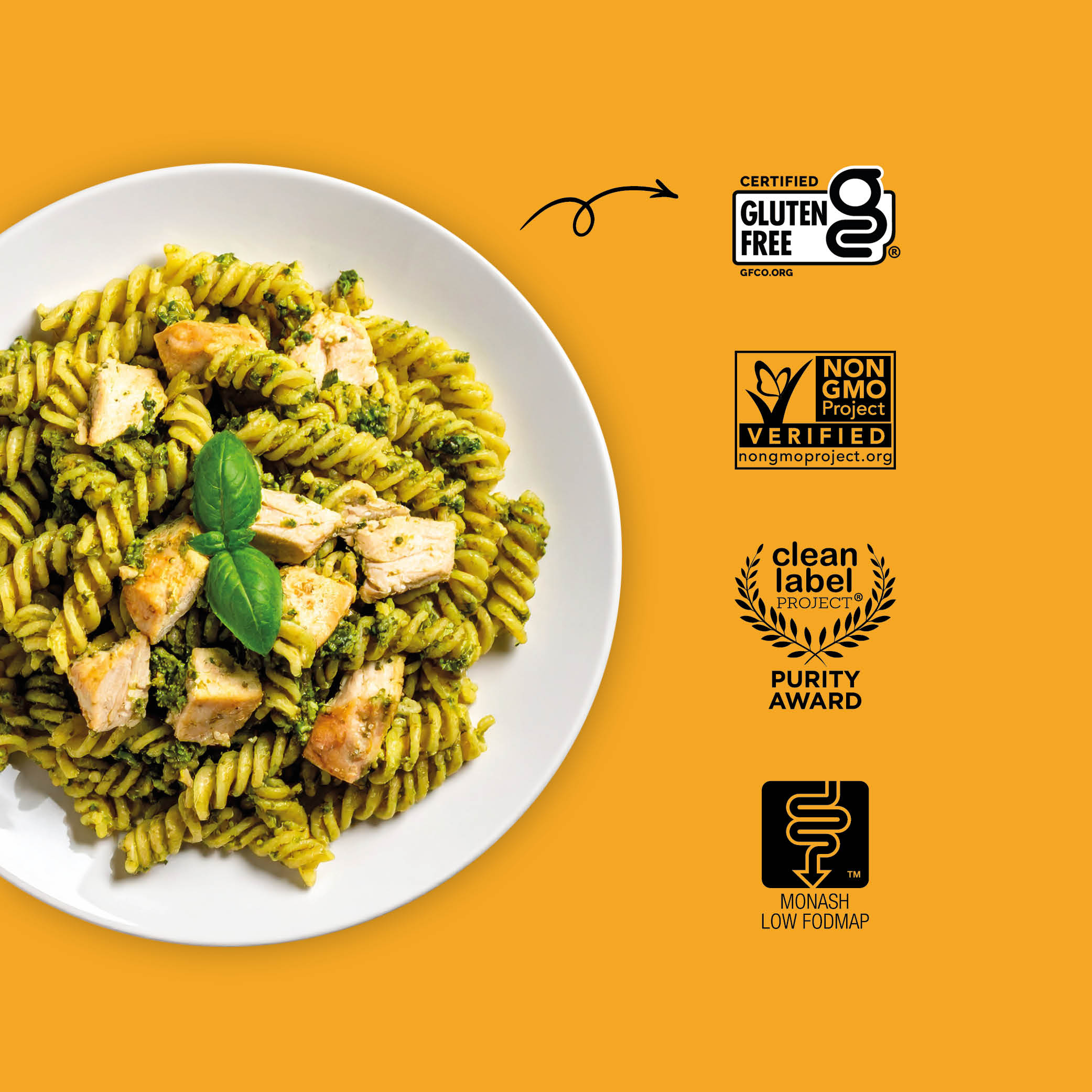 Plate of green pasta with chicken on a yellow background with certification logos.
