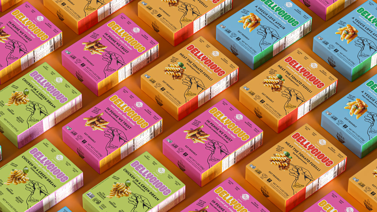 Bellycious products on orange background