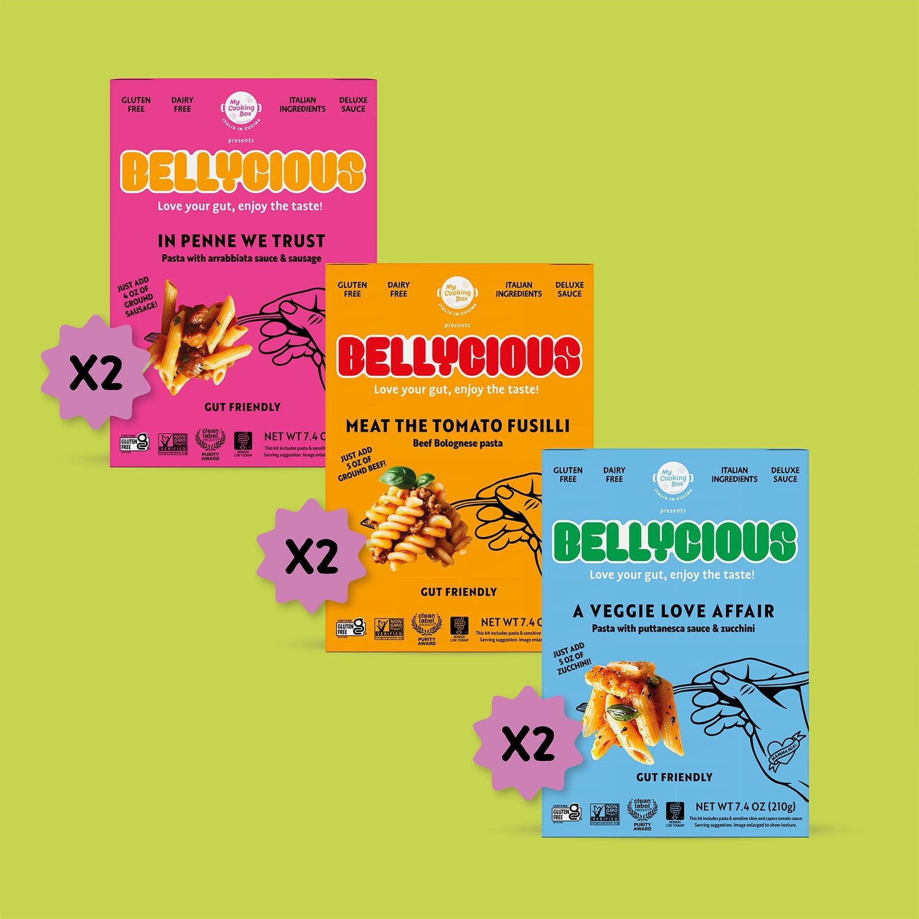 Three packages of Bellycious pasta on a green background