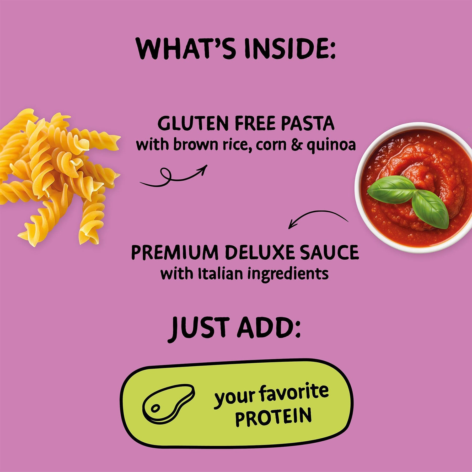 Product description card with gluten-free pasta, sauce, and protein on a purple background