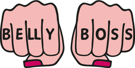 Two hands clenched into fists with the words Belly Boss written on them